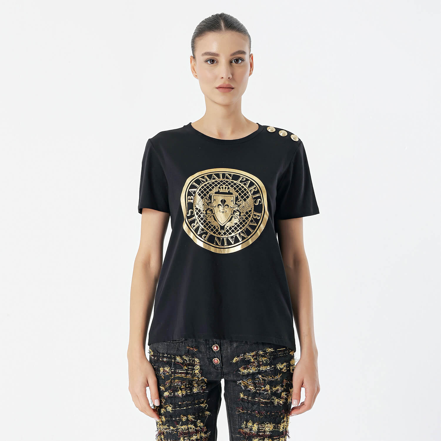 Balmain - Black Cotton Gold Coin Foiled Print With Shoulder Button T-shirt